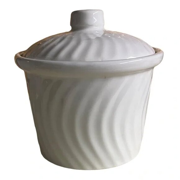 FARMHOUSE KITCHEN White Casserole Butter Crock with Swirl Design and Cover 4"x5" - Picture 10 of 12